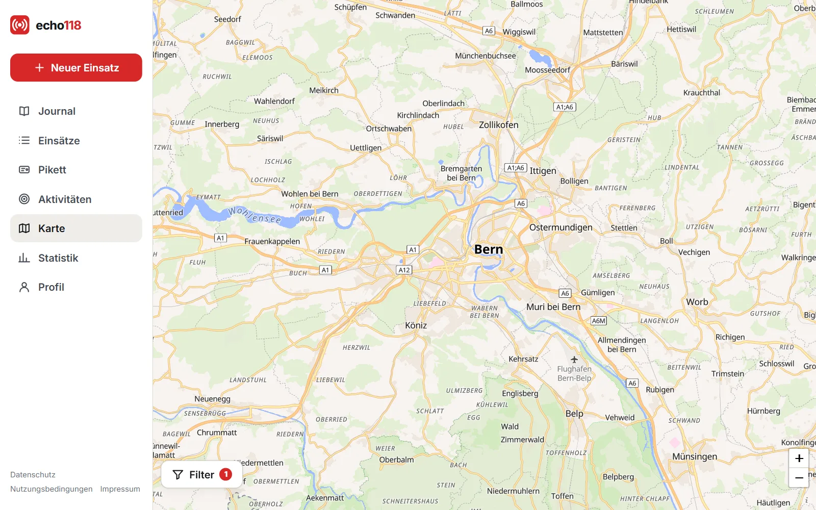 Screenshot (fiktive Daten): die Karte mit den Ortsnamen und den Gemeindegrenzen