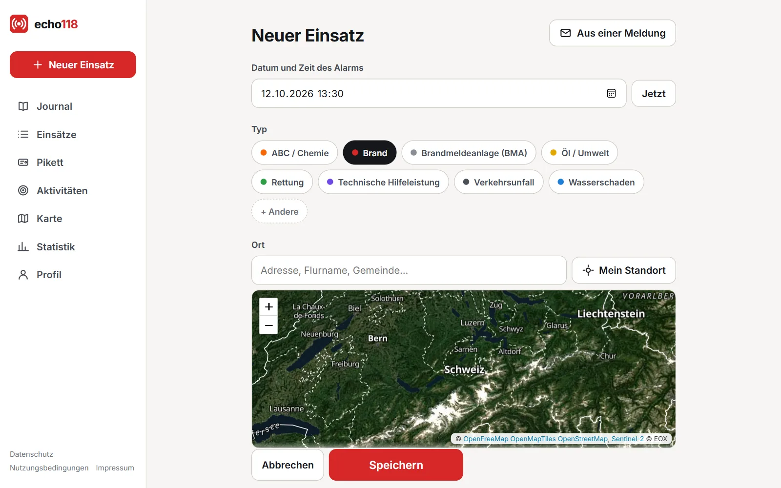 Screenshot (fiktive Daten): Das Formular für einen neuen Einsatz