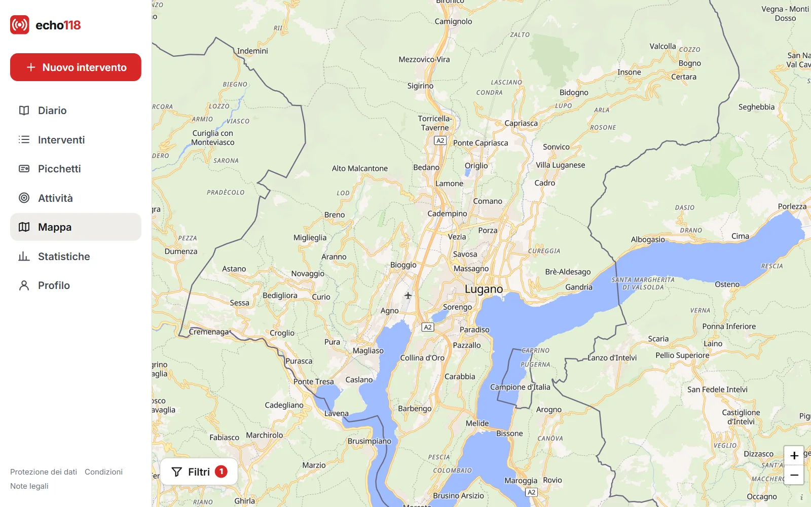 Schermata (dati fittizi): la mappa con i nomi delle località e i confini dei comuni