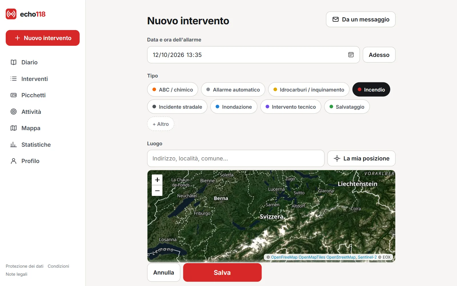 Schermata (dati fittizi): Il modulo di un nuovo intervento